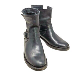 Frye Natalie‎ Black Leather Buckle Short Engineer Boots